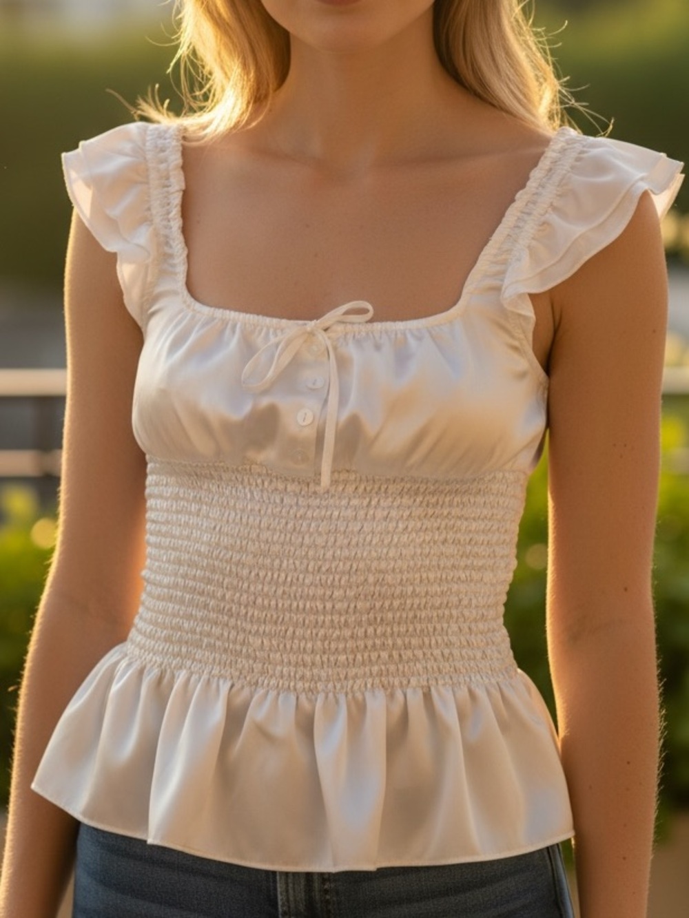 White Satin Maid Summer Top Size Medium